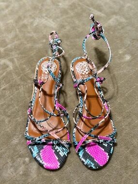 Vince Camuto Pink & Blue Snake-Print Lace-Up Sandals